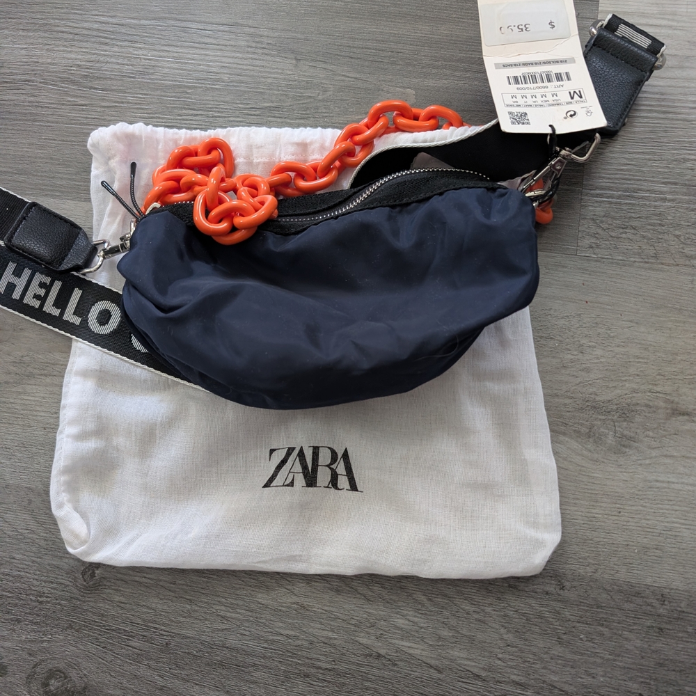 Zara Navy Crossbody Belt Bag with Orange Chain